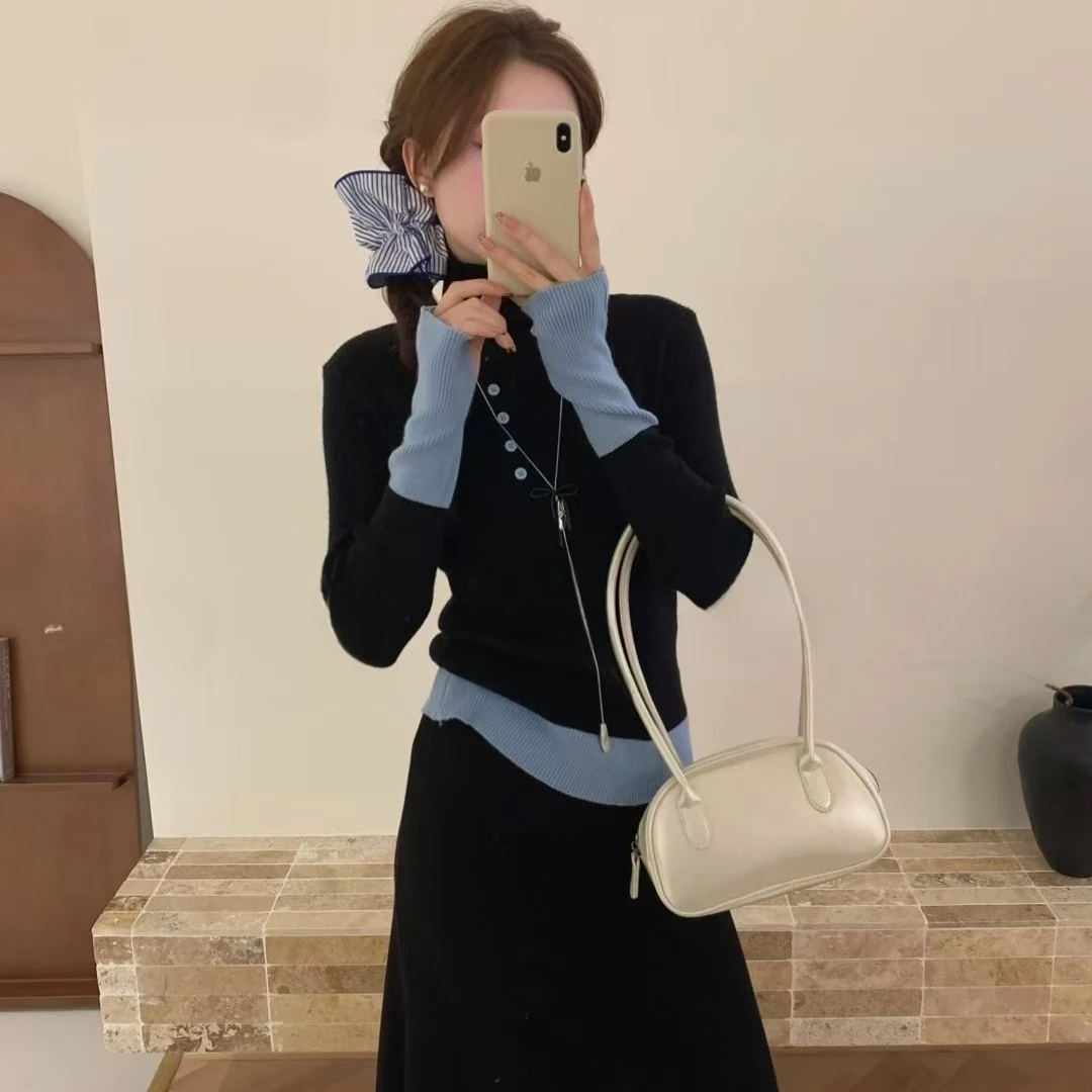 诗丽娅  不规则领排扣撞色拼接袖口软糯打底衫女秋冬显瘦针织衫