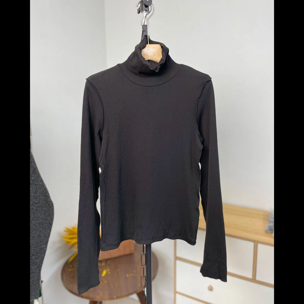 日单轻薄款螺纹打底衫高领内搭t恤黑色显瘦修身木耳边花式上衣