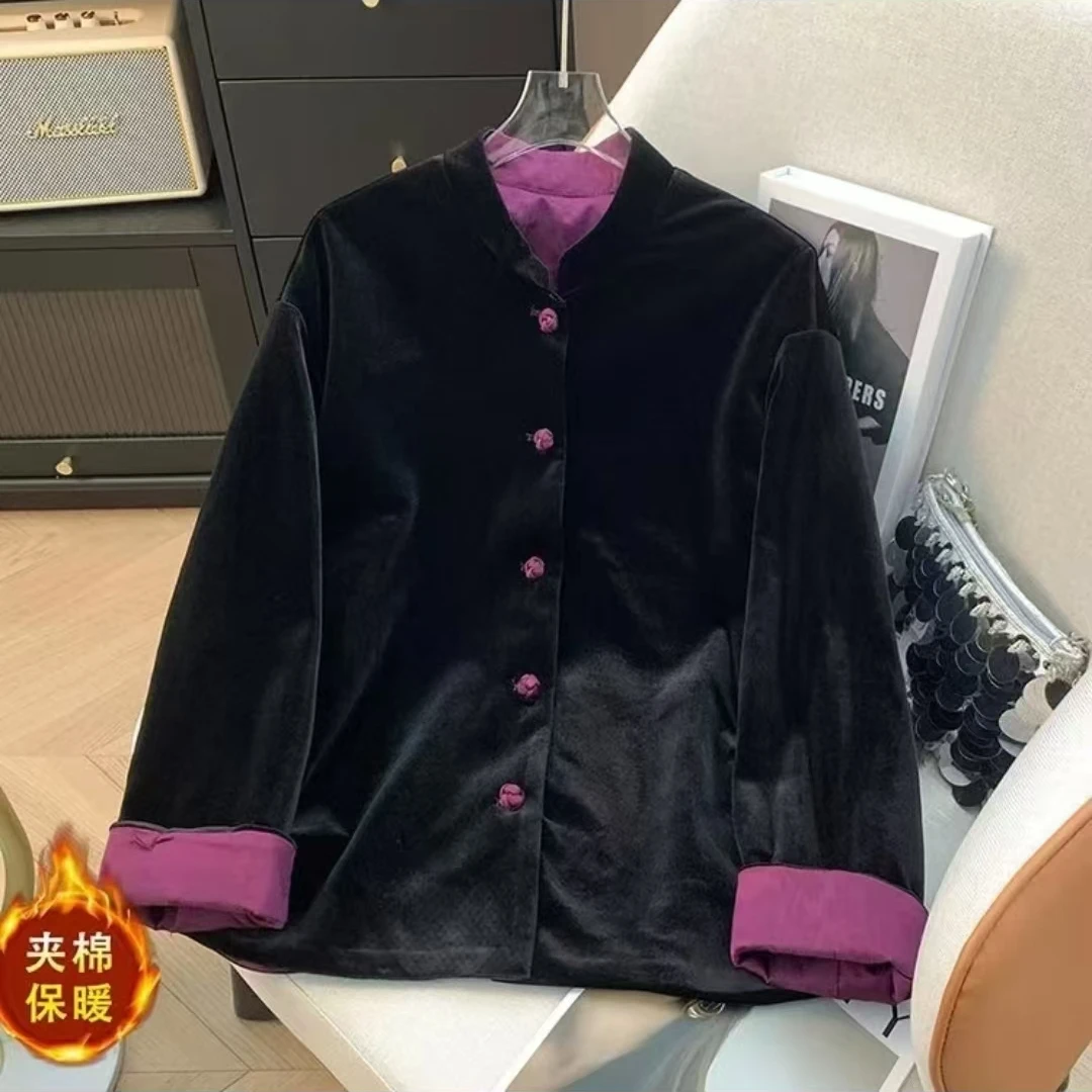 冬季新款加棉加厚丝绒提花棉服时尚保暖夹棉外套休闲复古女款750