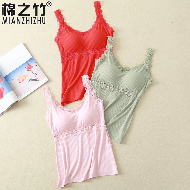 夏季薄款蕾丝莫代尔带胸垫吊带背心打底女内衣宽松文胸一片式内搭