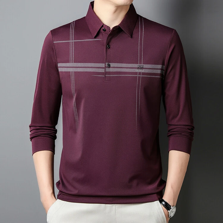 啄木鸟冰丝无痕秋季薄款男士长袖polo衫翻领中年爸爸T恤男中老年