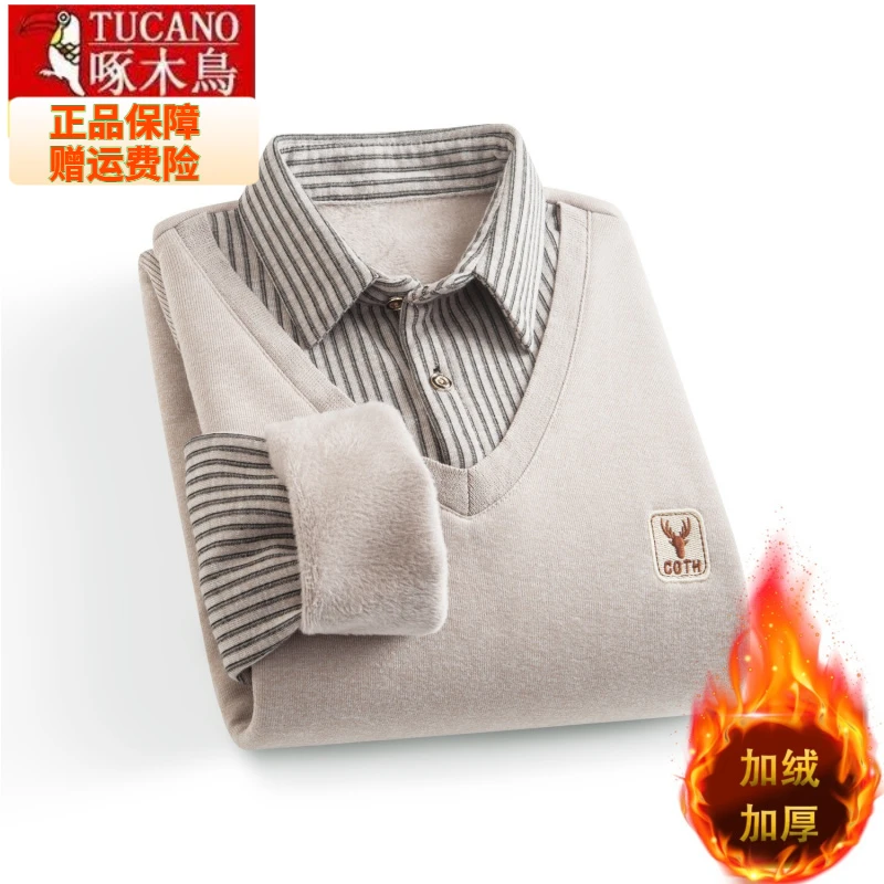 啄木鸟新款冬季男士加绒加厚保暖衬衫领衬衫中青年翻领T恤男