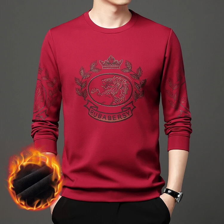 啄木鸟冬季加绒圆领T恤衫中年高档男装加绒加厚毛衣男士本命年红