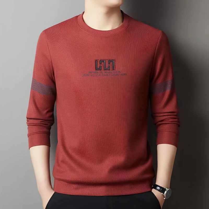 啄木鸟2023春秋季新款长袖男士T恤时尚韩版华夫格休闲时尚潮牌圆