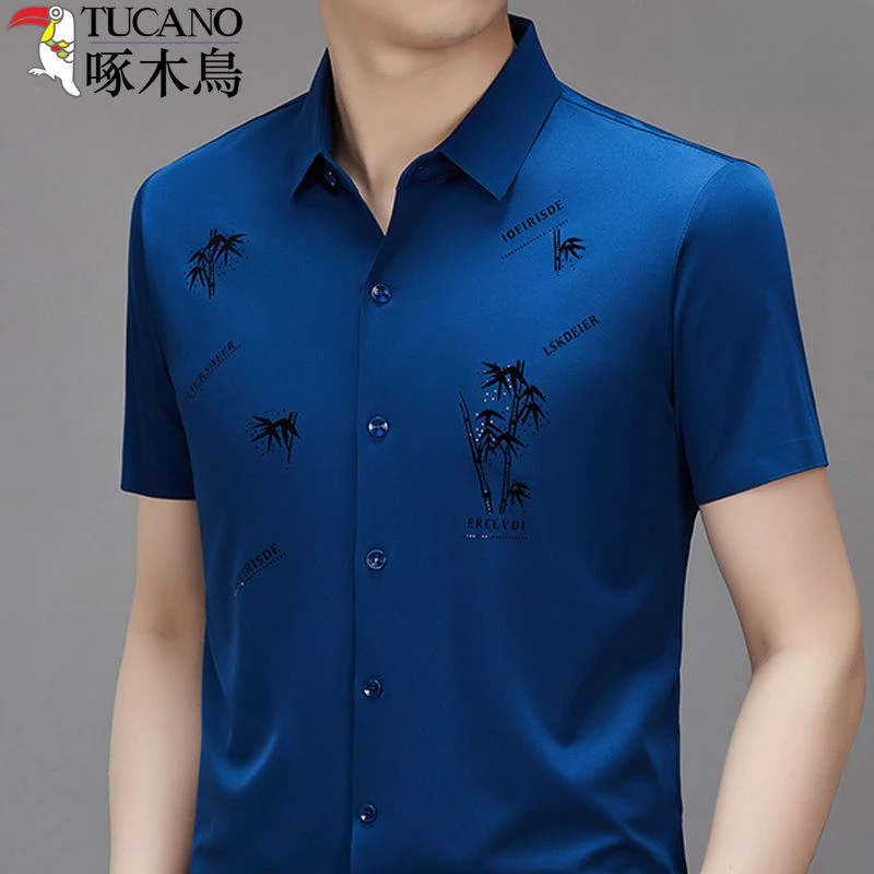 啄木鸟夏季古风丝男士无痕短袖抗皱新中试衬衫商务免烫衬衣潮