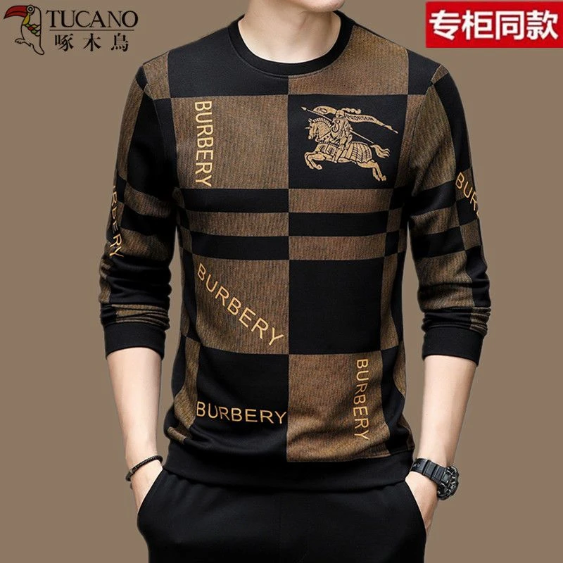 春秋季啄木鸟男装长袖宽松韩版圆领体恤中青年男士高档纯T恤衫