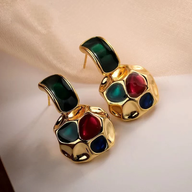 铜合金耳饰 中古复古滴釉珐琅彩耳环高级感气质小众短款吊坠耳钉