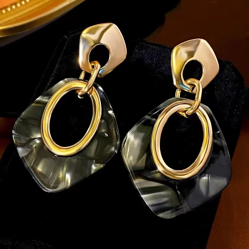 铜合金树脂耳饰 欧美夸张菱形大圆圈耳环女时尚轻奢高级感耳饰ins