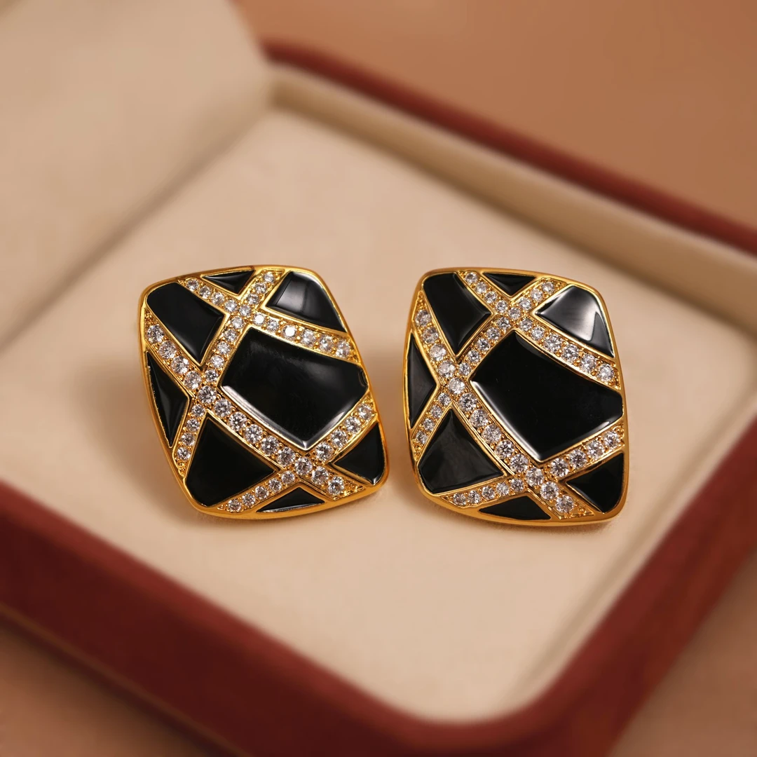 铜合金锆石耳饰 高定黑金耳环 轻奢中古风几何滴釉复古耳环女ins