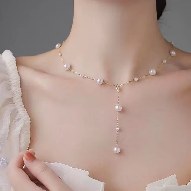 钛钢仿珍珠项链 满天星珍珠项链女小众设计简约吊坠