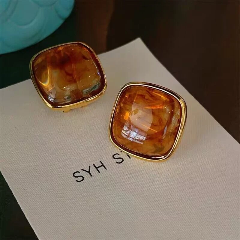 铜合金树脂耳饰 欧美轻奢小众耳钉显白法式百搭几何方形耳环女ins