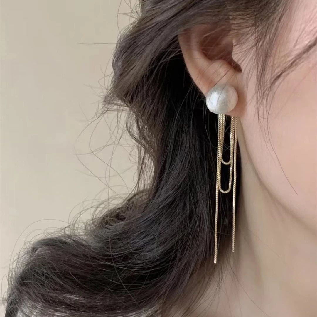 铜合金仿珍珠耳饰 大珍珠耳环长款流苏耳线女2023新爆款高级感ins