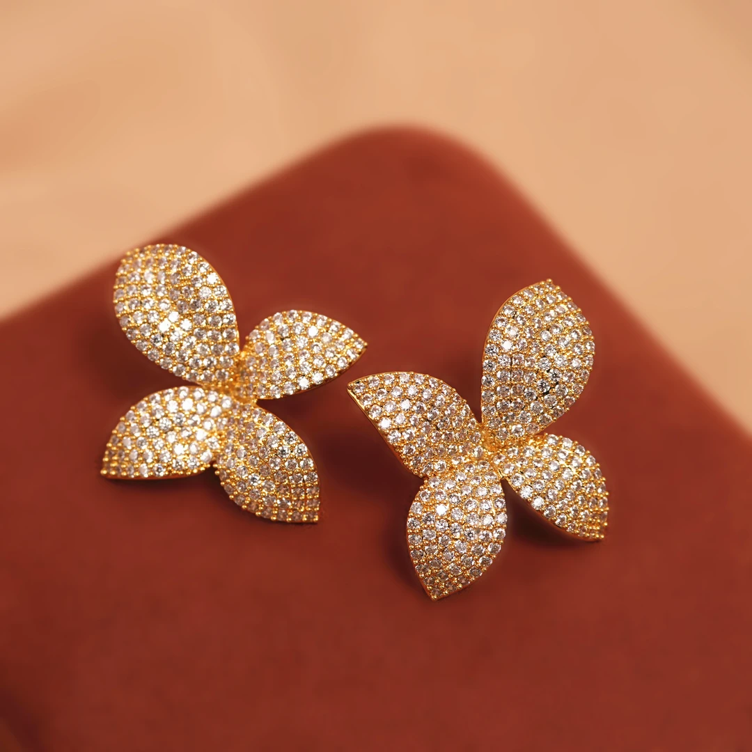 铜合金合成锆石耳饰 金色精致满钻耳钉女花朵小众高级感轻奢耳环