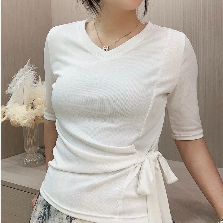 中袖V领打底衫女2023早春长袖打底小衫女系带t恤内搭收腰上衣纯色