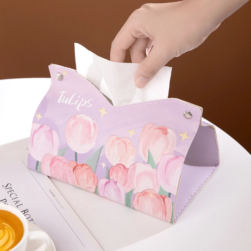 油画玫瑰花纸巾盒客厅家用防水轻奢车载皮质餐厅抽纸盒简约创意