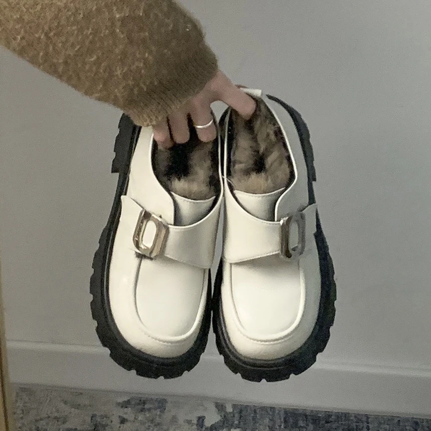白色百搭英伦风厚底小皮鞋女秋冬2023新款加绒复古法式玛丽珍单鞋