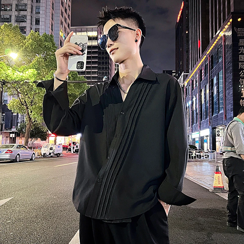 时尚潮牌黑色长袖衬衫男士高级感衬衣休闲痞帅宽松韩版潮流打底衫