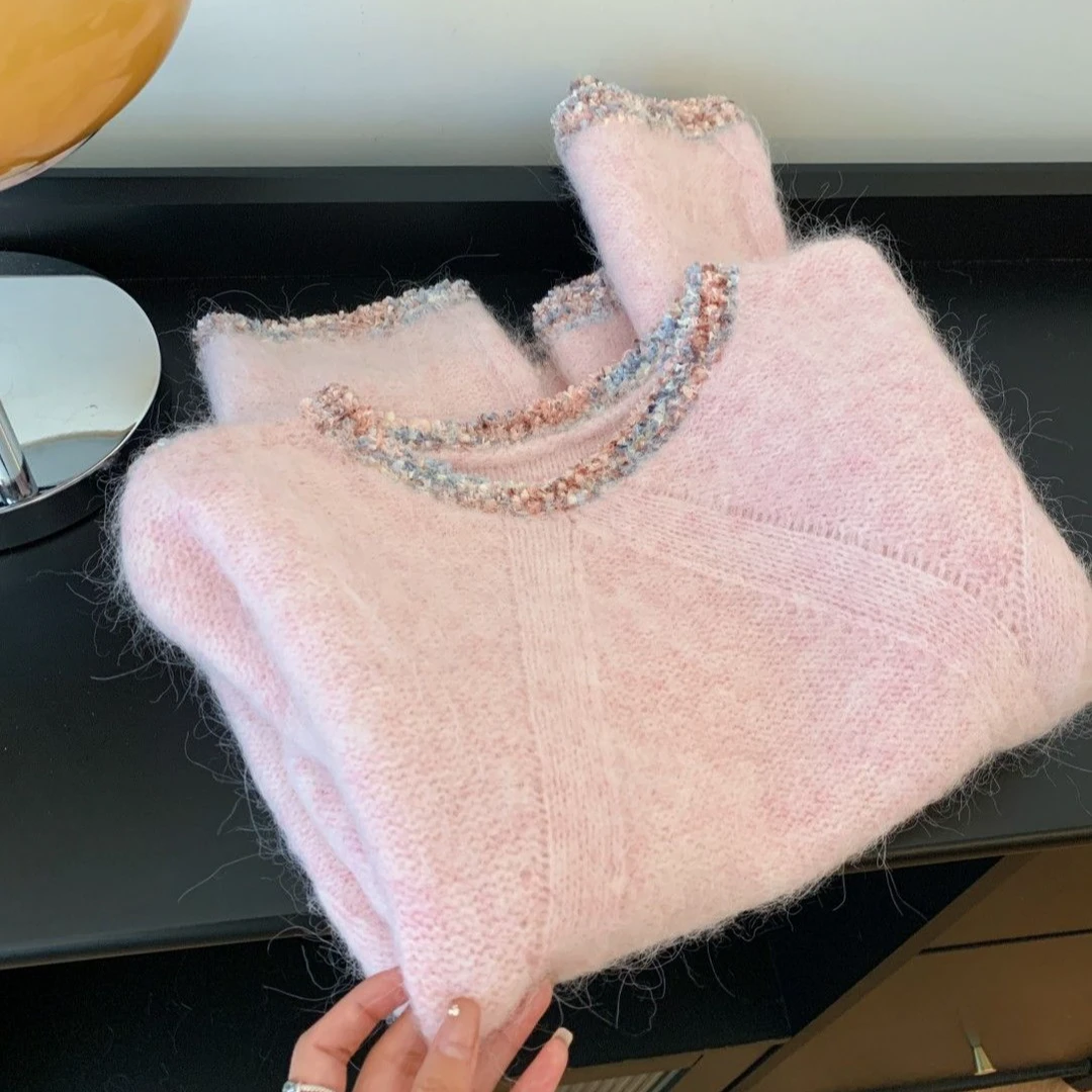 粉色小香风毛衣女秋冬2024秋冬新款设计感小众宽松慵懒风软糯针织