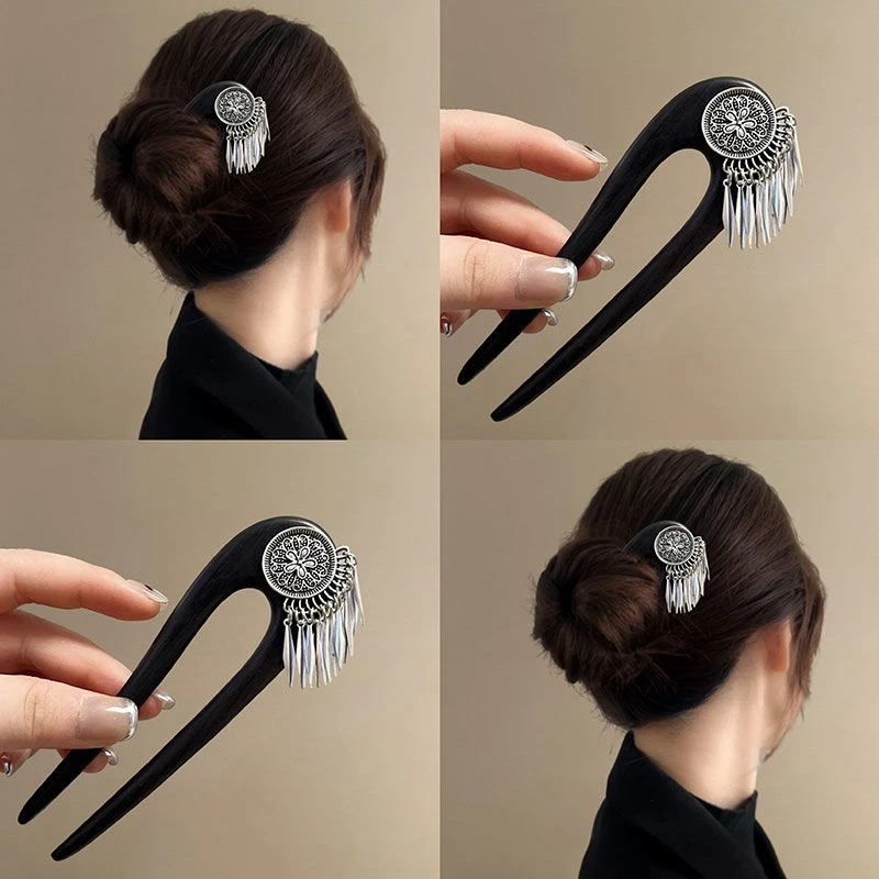 银川落雪~古风檀木发簪小花流苏木质簪子头饰马面裙盘发发钗发饰