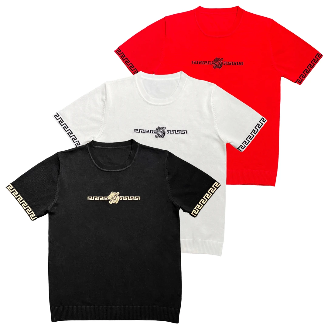 男士春季针织短袖2025年时尚简约百搭高品质刺绣圆领提花修身打底