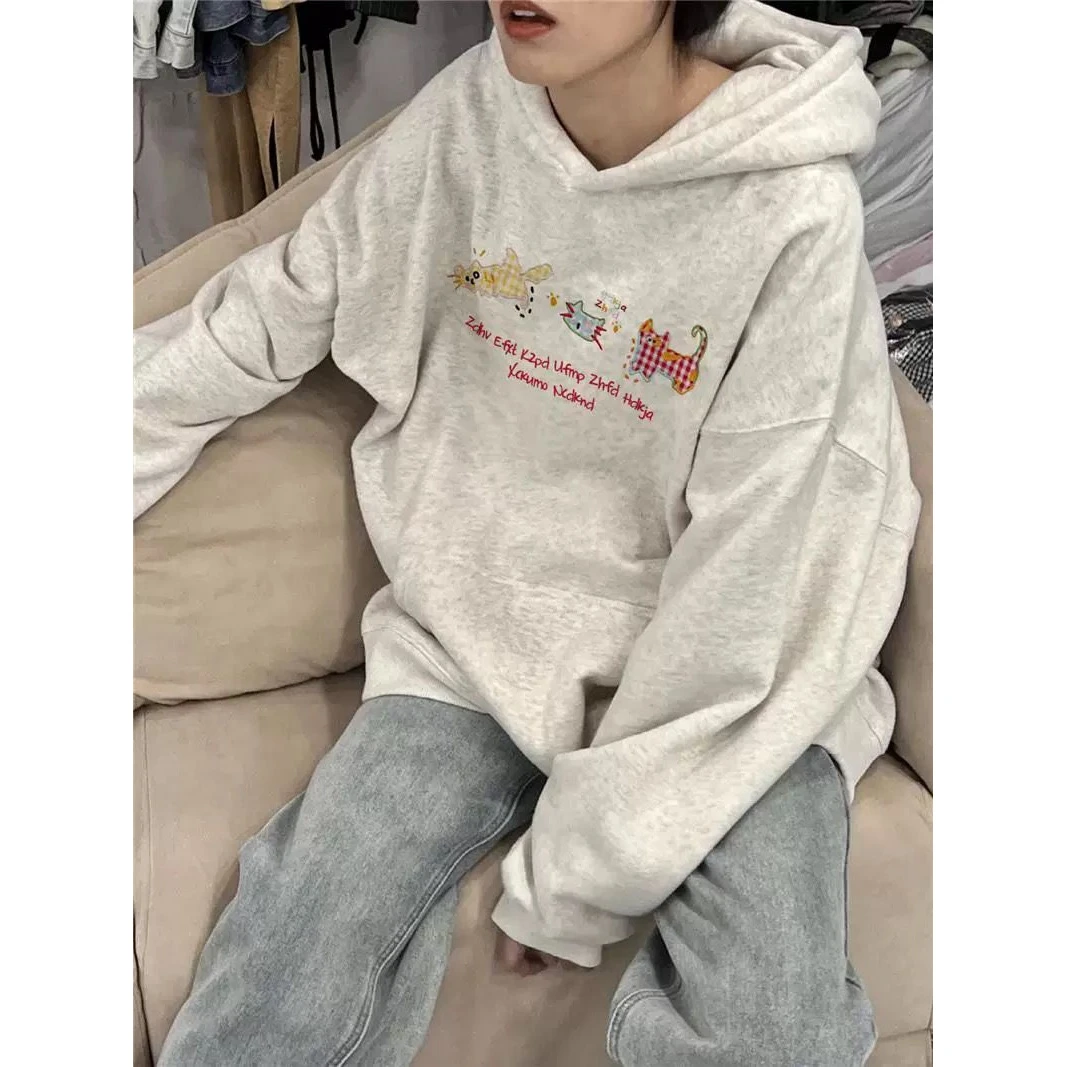 银狐绒秋冬加绒加厚甜妹卫衣女2024新款爆款灰色连帽美式宽松学生