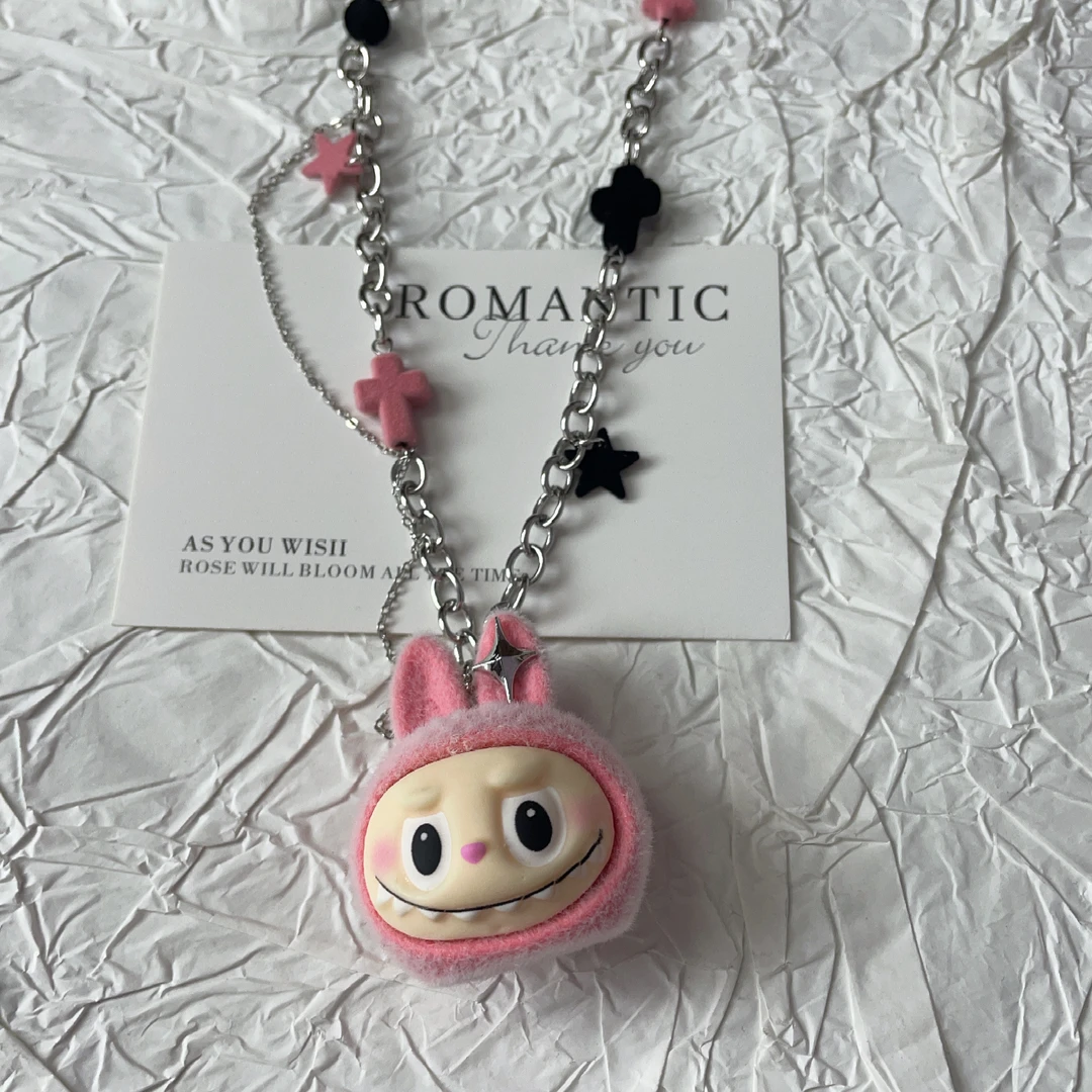 铜合金树脂项链 卡通拉布布植绒可爱项链毛衣链甜美设计感百搭