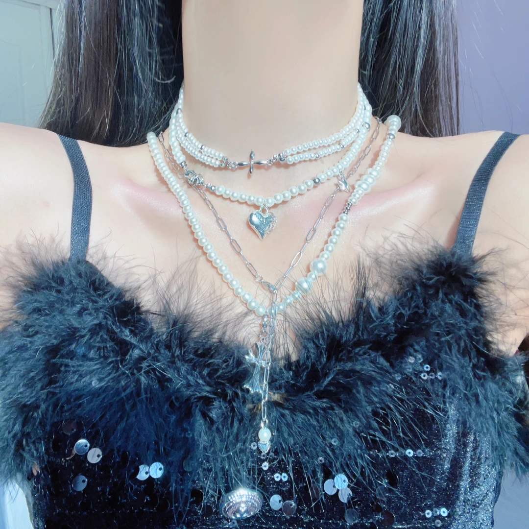 铜合金仿珍珠项链 多层叠戴锁骨链复古爱心项链时尚百搭小众轻奢