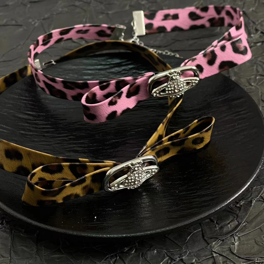 非金属皮质项链 1013朋克小众粉色棕色豹纹蝴蝶结皮带项圈颈链女