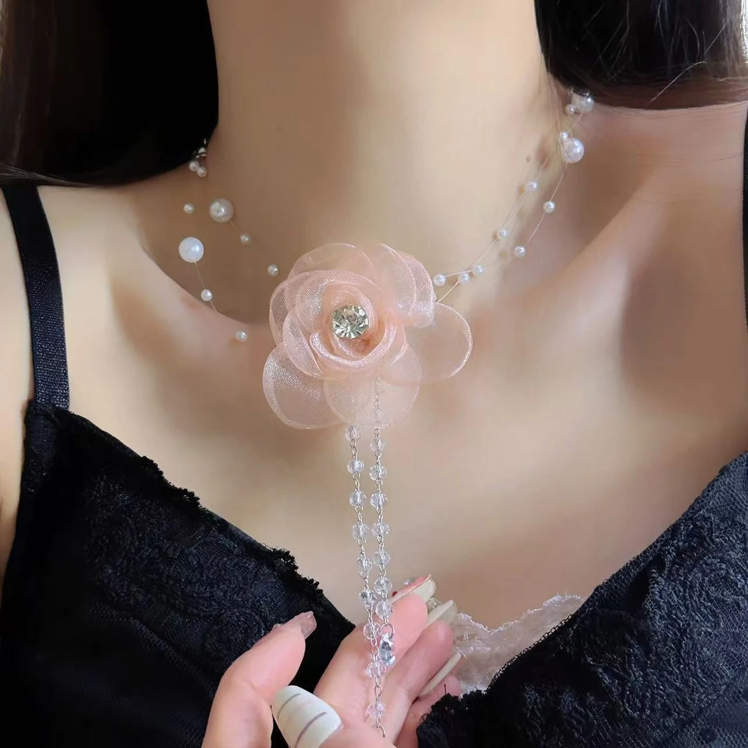 非金属仿珍珠项链 芭比风颈链粉色玫瑰花叠戴项链女款锁骨链新款