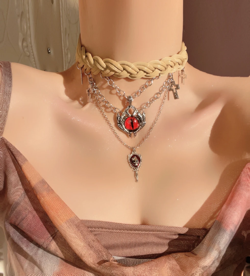 铜合金皮质项链 多层叠戴恶魔之眼防水皮choker个性甜酷辣妹