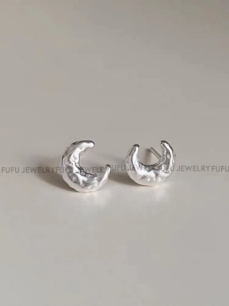 925银耳饰  FuFu-［太个性了 ］月球表面磨砂拉丝质感月亮i耳环