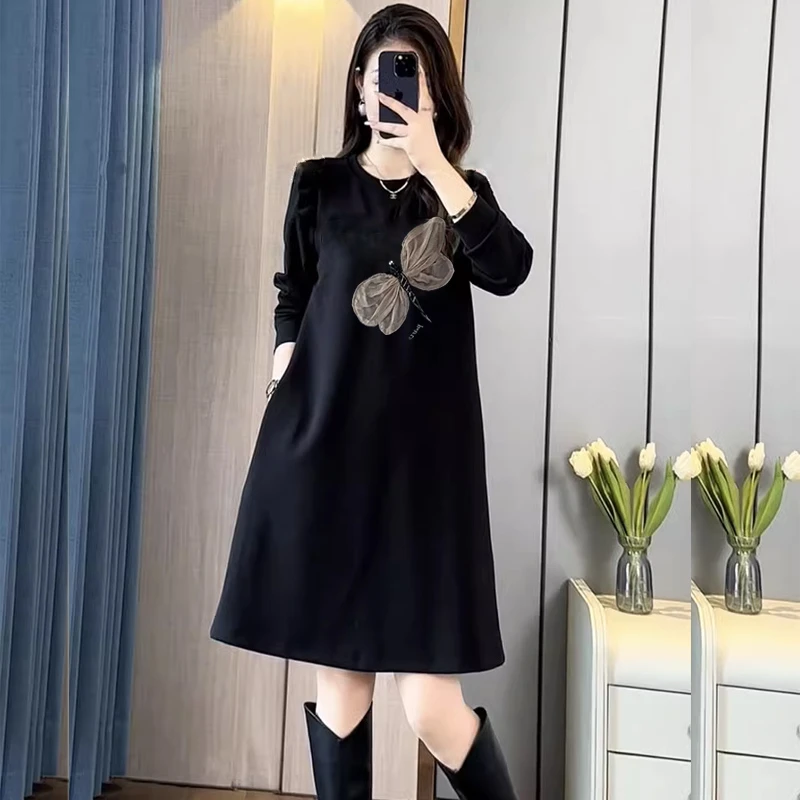 春季加绒卫衣裙2025秋冬气质大码宽松显瘦圆领长袖中长款连衣裙女