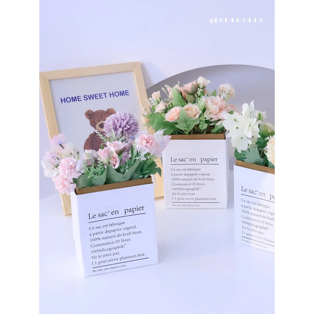 ins牛皮纸袋仿真花套装 北欧摄影装饰蛋糕烘焙拍照道具拍摄背景布