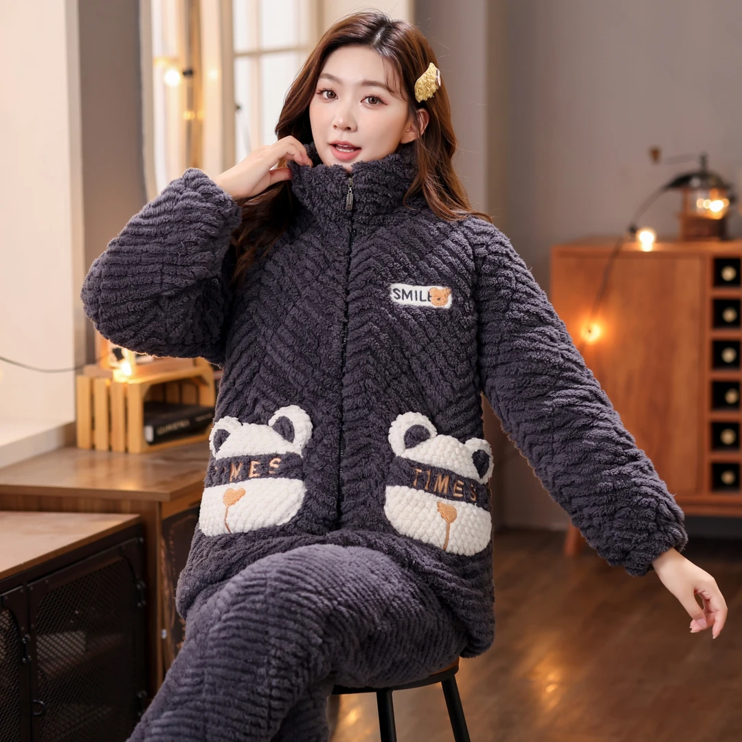 女士特厚三层夹棉冬天加厚加绒睡衣女冬季保暖家居服套装超厚冬款