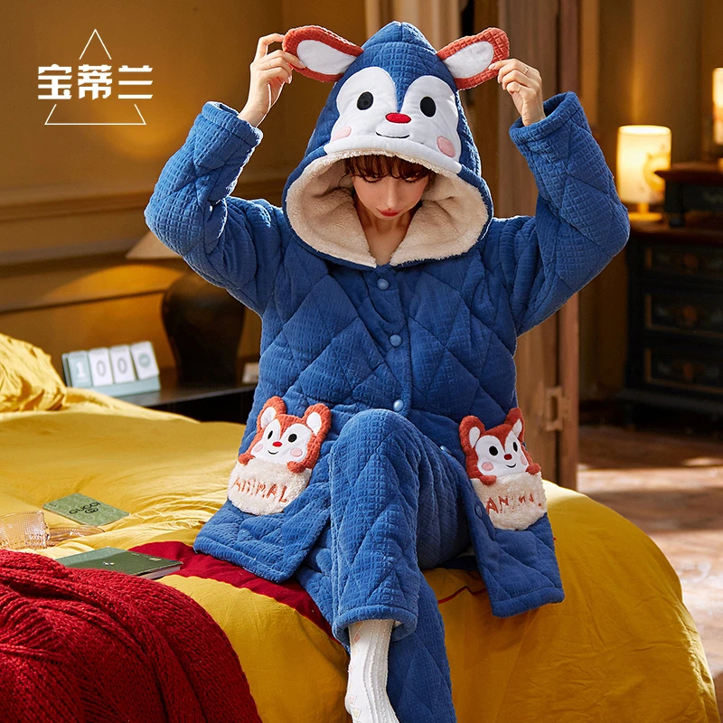 【升级版压缩夹棉】三层夹棉睡衣女冬加厚加绒冬季保暖套装家居服