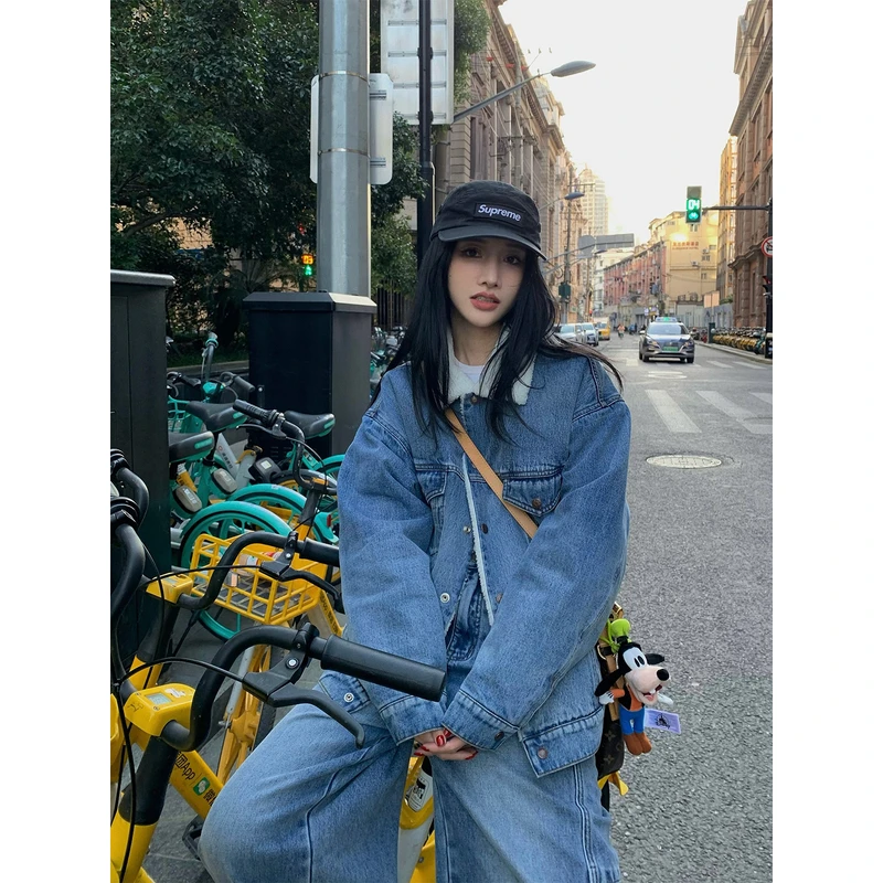 左边女装保暖厚上衣外套2024秋冬新款翻领牛仔外套