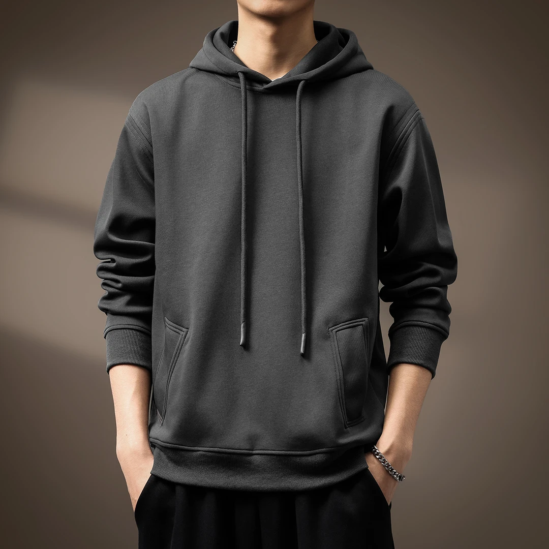 高端美式重磅复古连帽卫衣男秋季加绒潮牌纯色套头帽衫上衣外套男