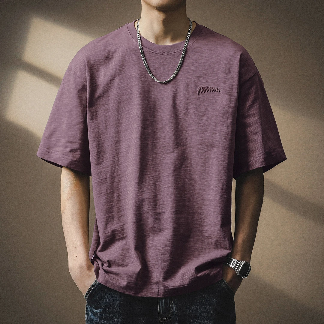 高端简约刺绣竹节纯棉短袖t恤男士2025夏季新款半袖紫色重磅体恤
