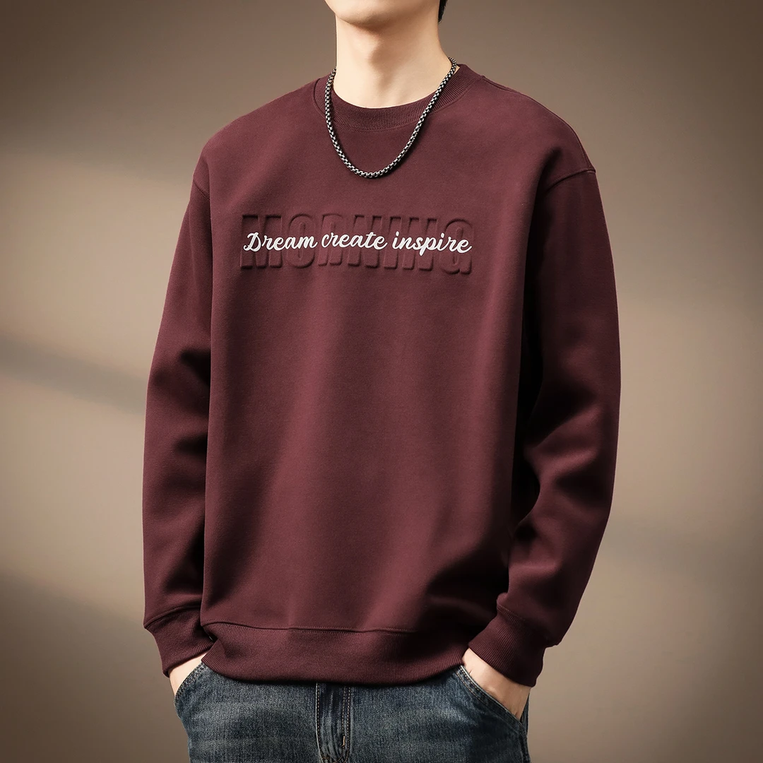 高端美式重磅字母钢印圆领卫衣男士2025秋季加绒休闲长袖打底衫男