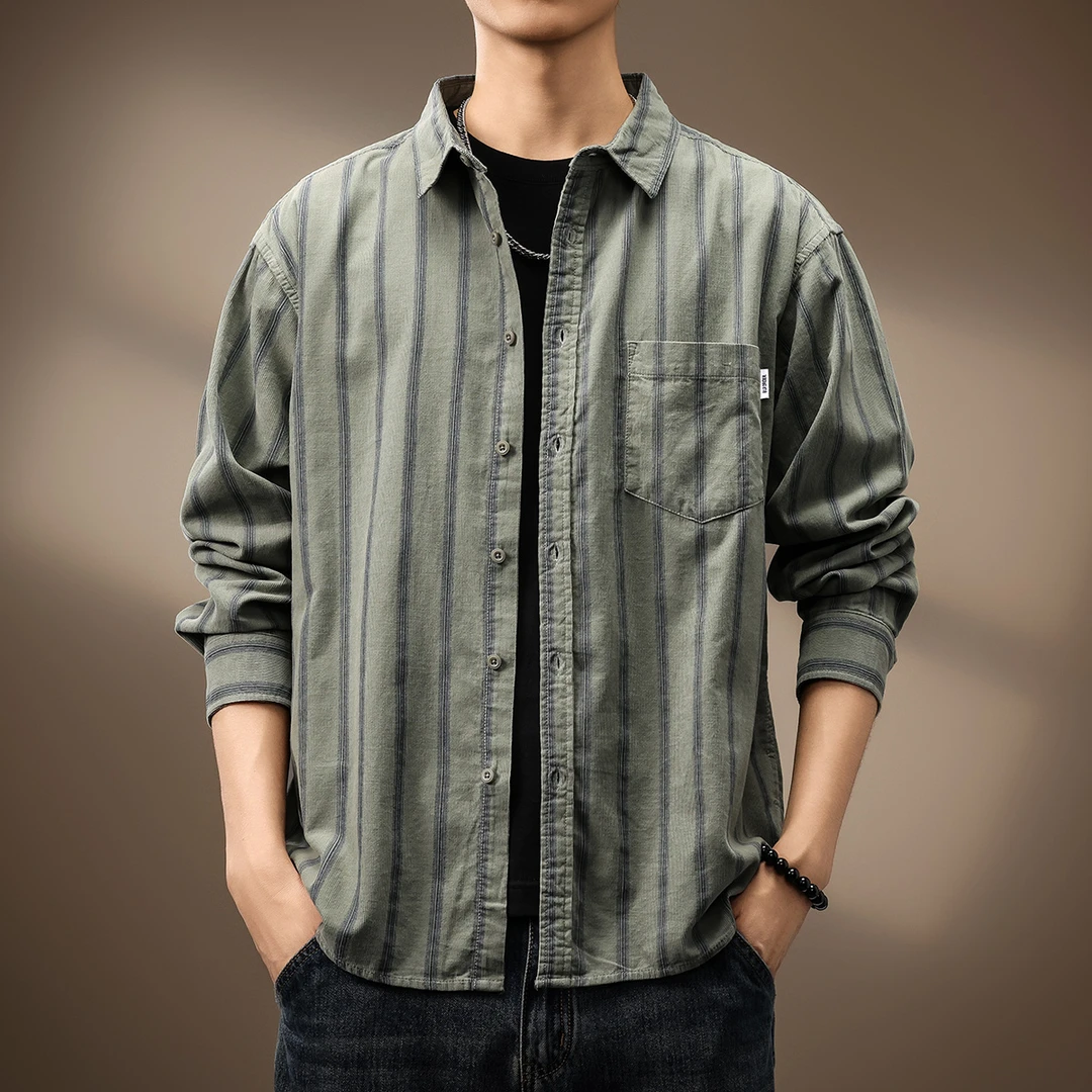 高端日系复古条纹衬衫男士秋季纯棉外穿CityBoy宽松长袖衬衣外套