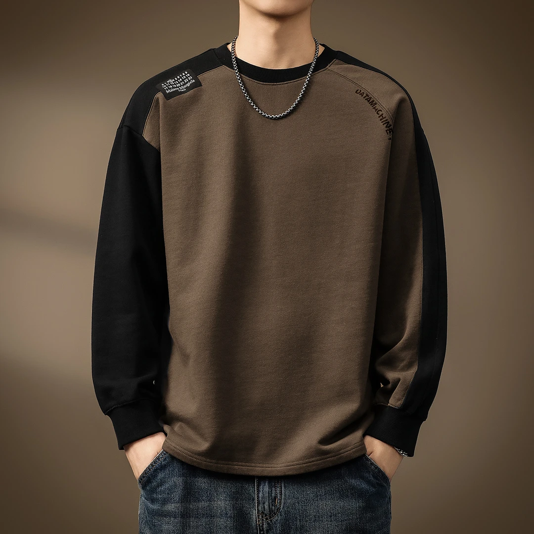 高端420g重磅撞色插肩长袖T恤男春季加厚纯棉美式打底上衣卫衣男