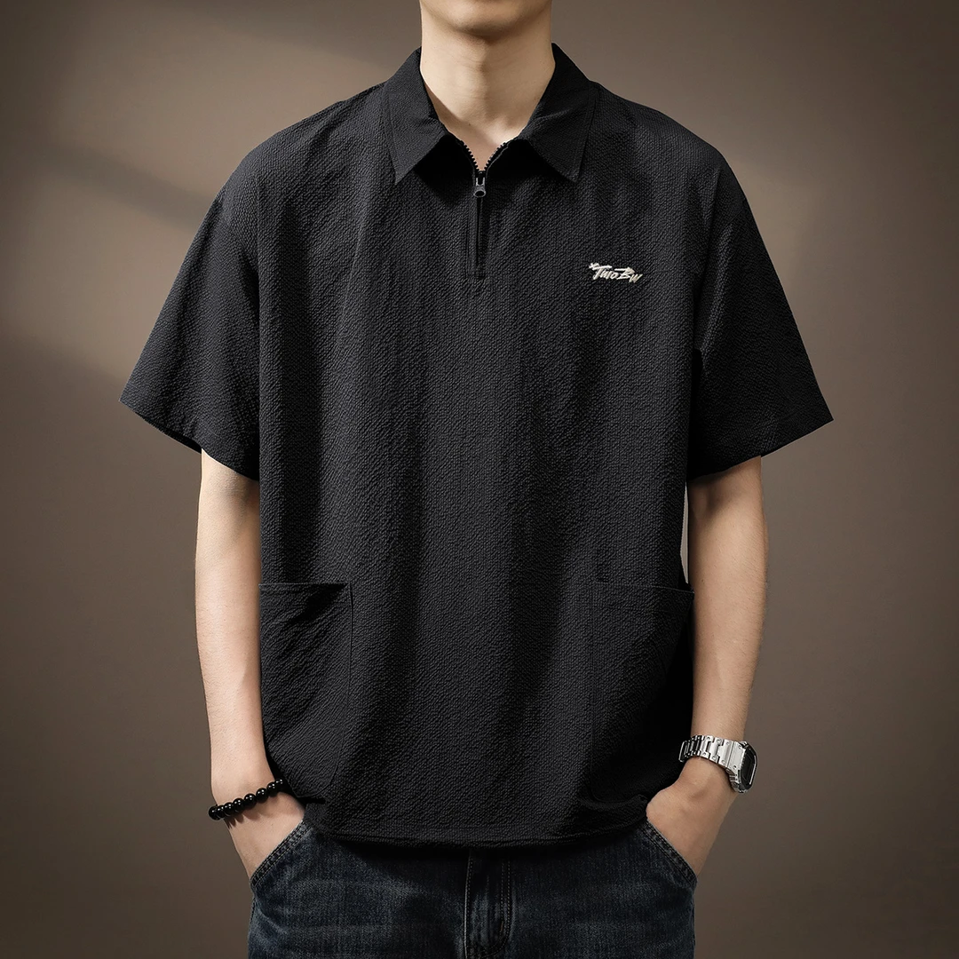 夏季冰丝薄款泡泡肌理短袖Polo衫男痞帅潮牌宽松大码凉感半袖体恤