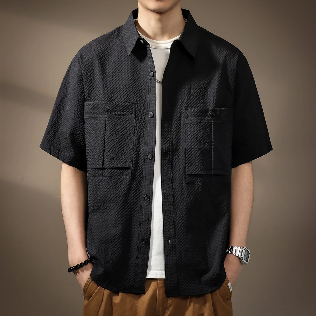 高端冰丝速干泡泡肌理感短袖衬衫男夏季潮牌工装宽松大码凉感衬衣