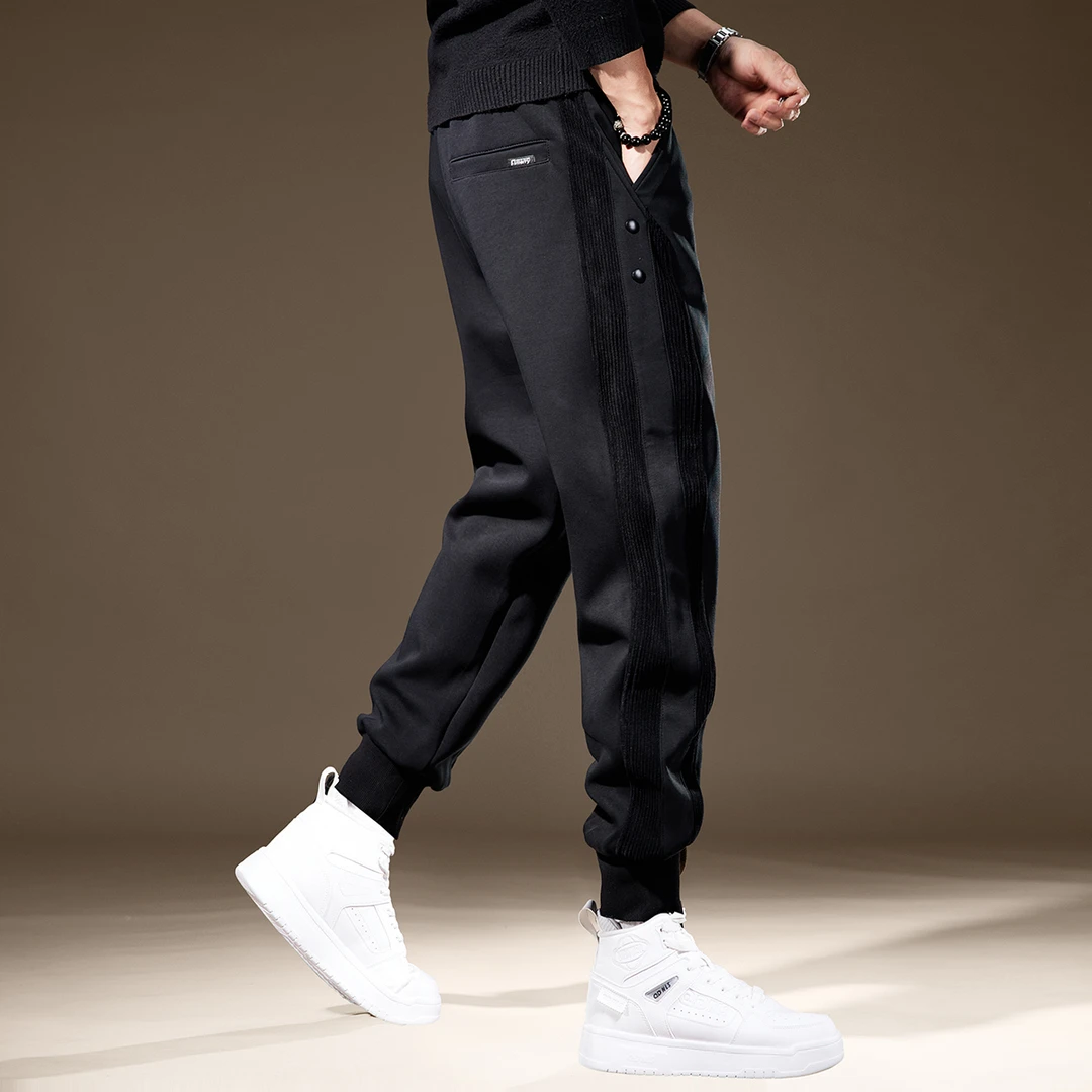 高端美式运动休闲卫裤男士宽松束脚秋季加绒弹力灯芯绒拼接裤子男