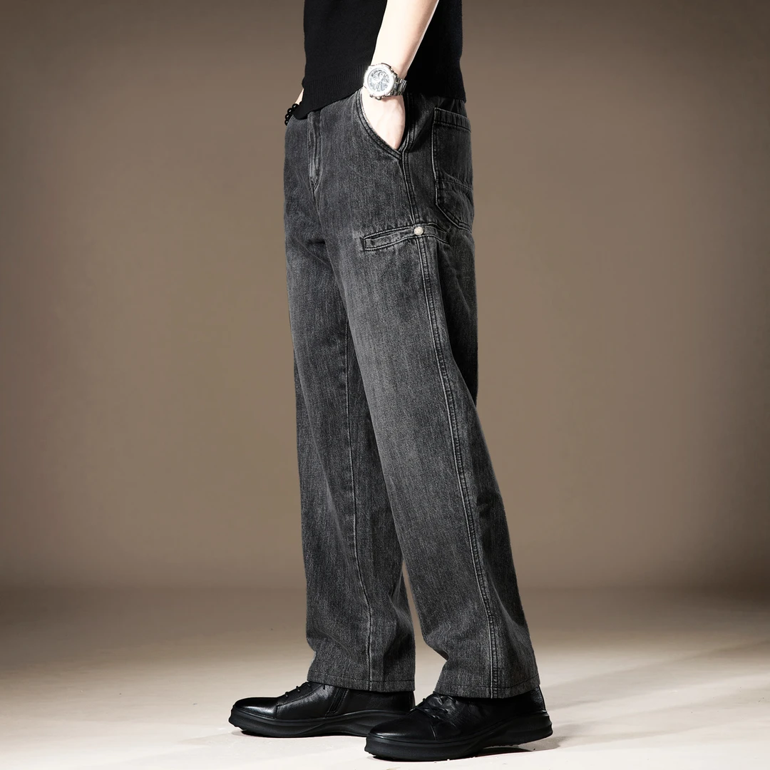 2025秋季新款高街男士牛仔裤美式潮牌宽松直筒阔腿休闲黑色长裤子