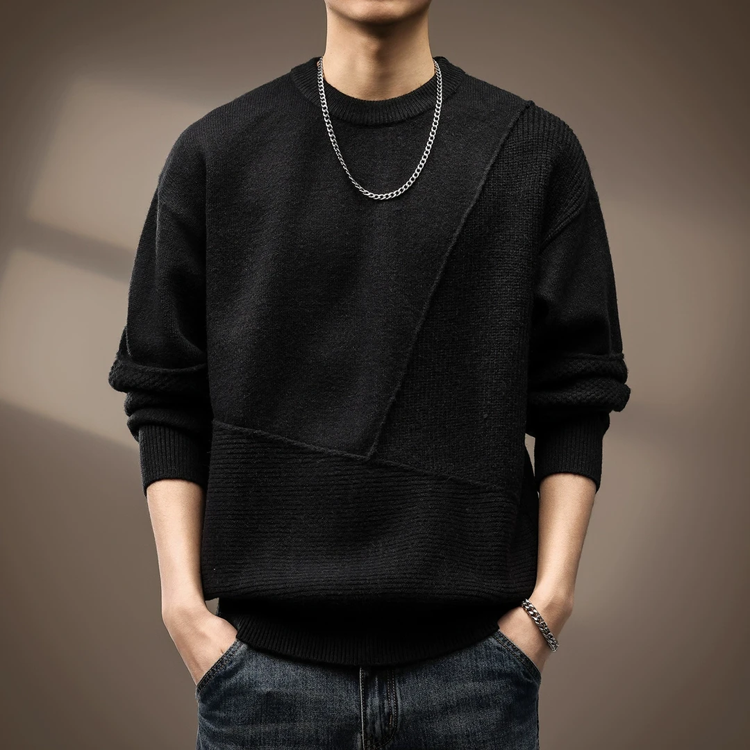 高端日系潮牌简约拼接毛衣男冬季宽松大码圆领线衣休闲针织衫上衣