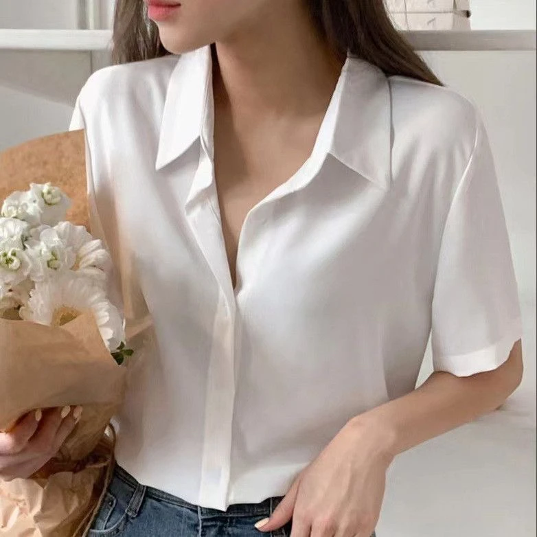 雪纺通勤职业装白衬衫女短袖小众上衣夏季薄款显瘦商务白色衬衣女