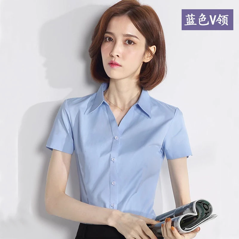 蓝色衬衫女短袖职业新款工装衬衣夏季薄款通勤工作服修身V领上衣