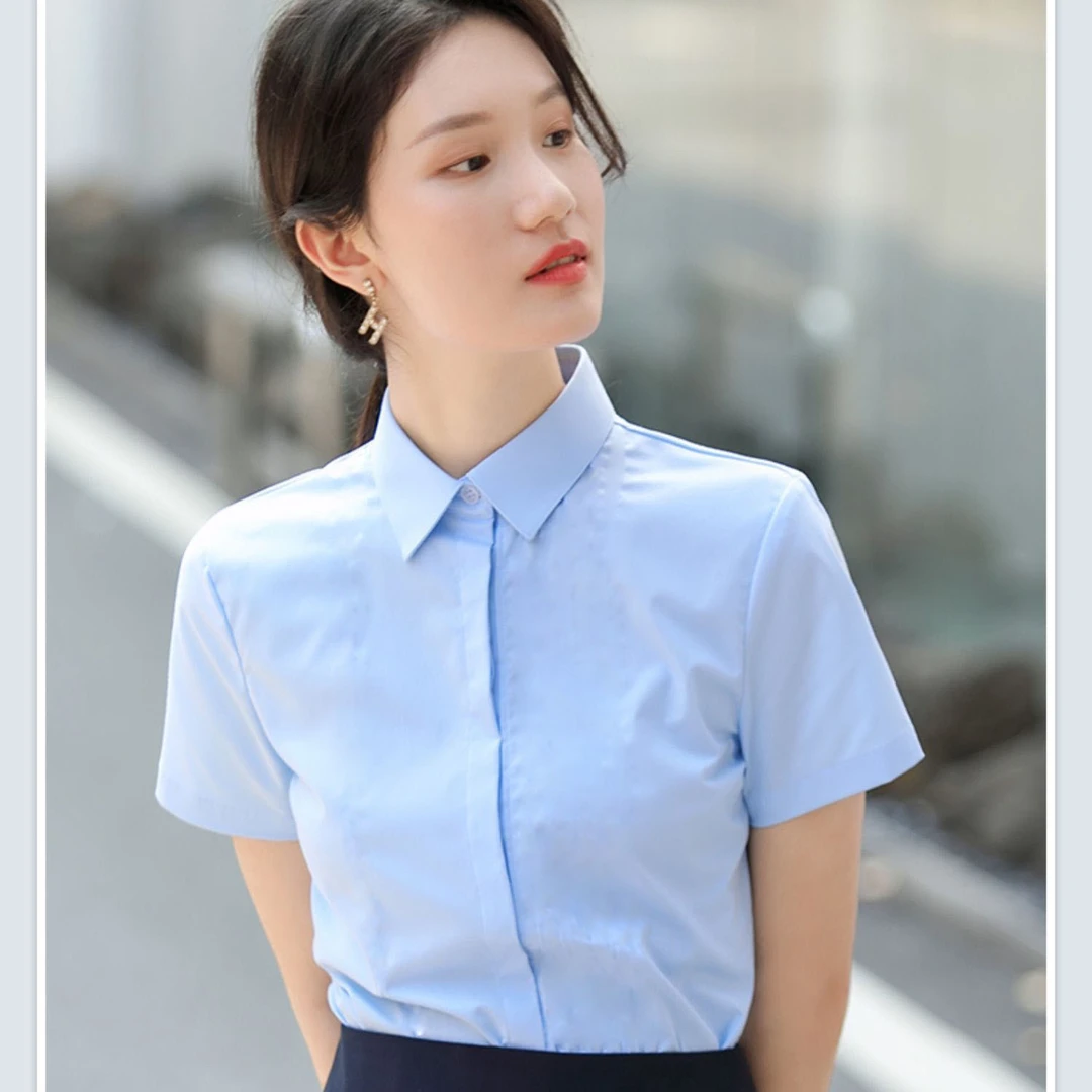 春夏百搭蓝色衬衫短袖女商务通勤职业气质衬衣正装工作服外穿上衣