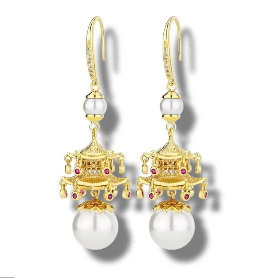 铜合金耳饰 新中式宫灯流苏复古耳环珍珠外货高品高奢耳钉U-2710